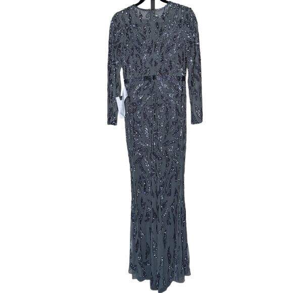 NWT MAC DUGGAL Charcoal Sequin Beaded Long Sleeve Evening Gown Women’s - Picture 9 of 13
